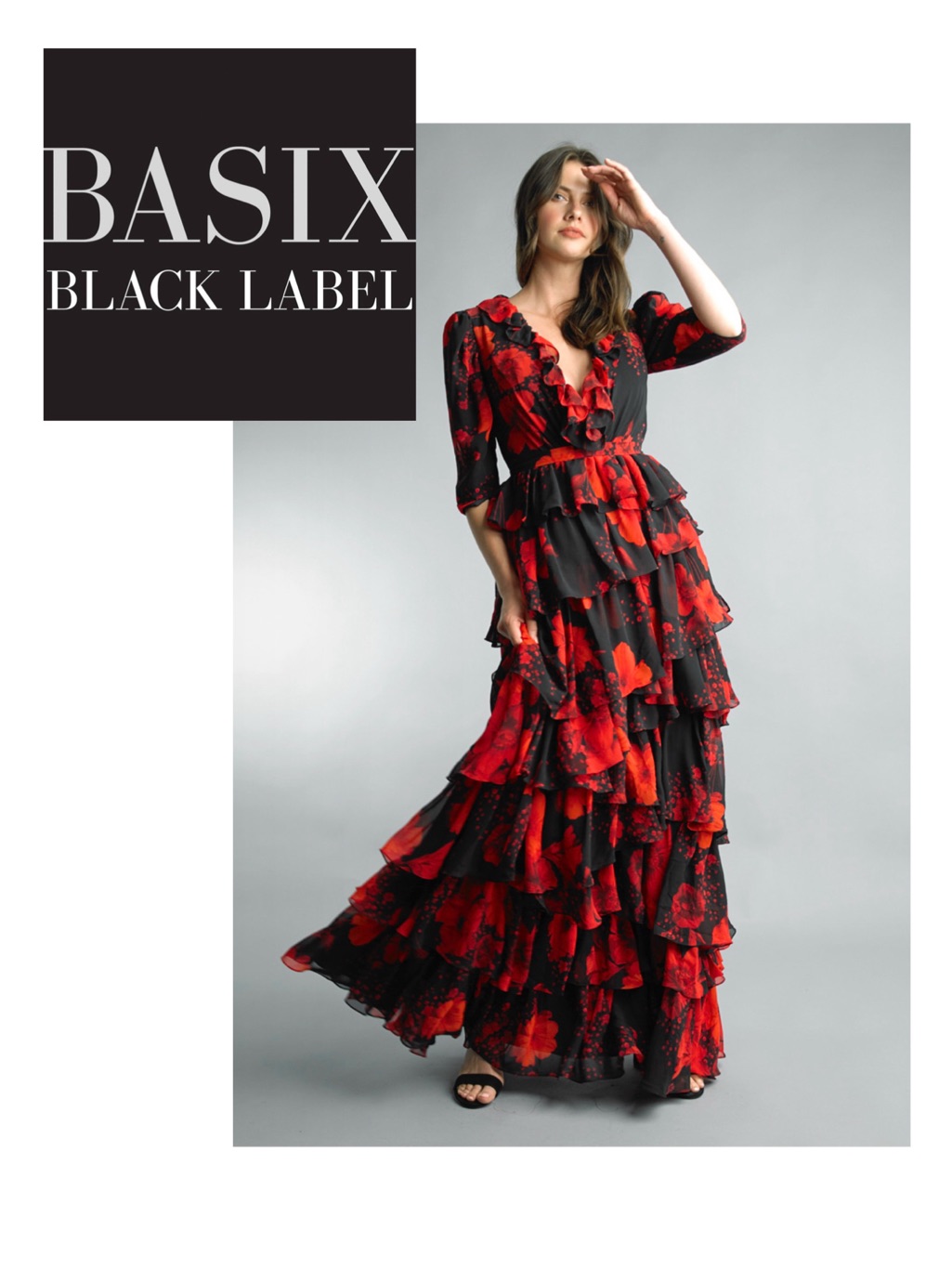Basix Black Label Floral Print Ruffle-Tiered A-Line Chiffon Gown